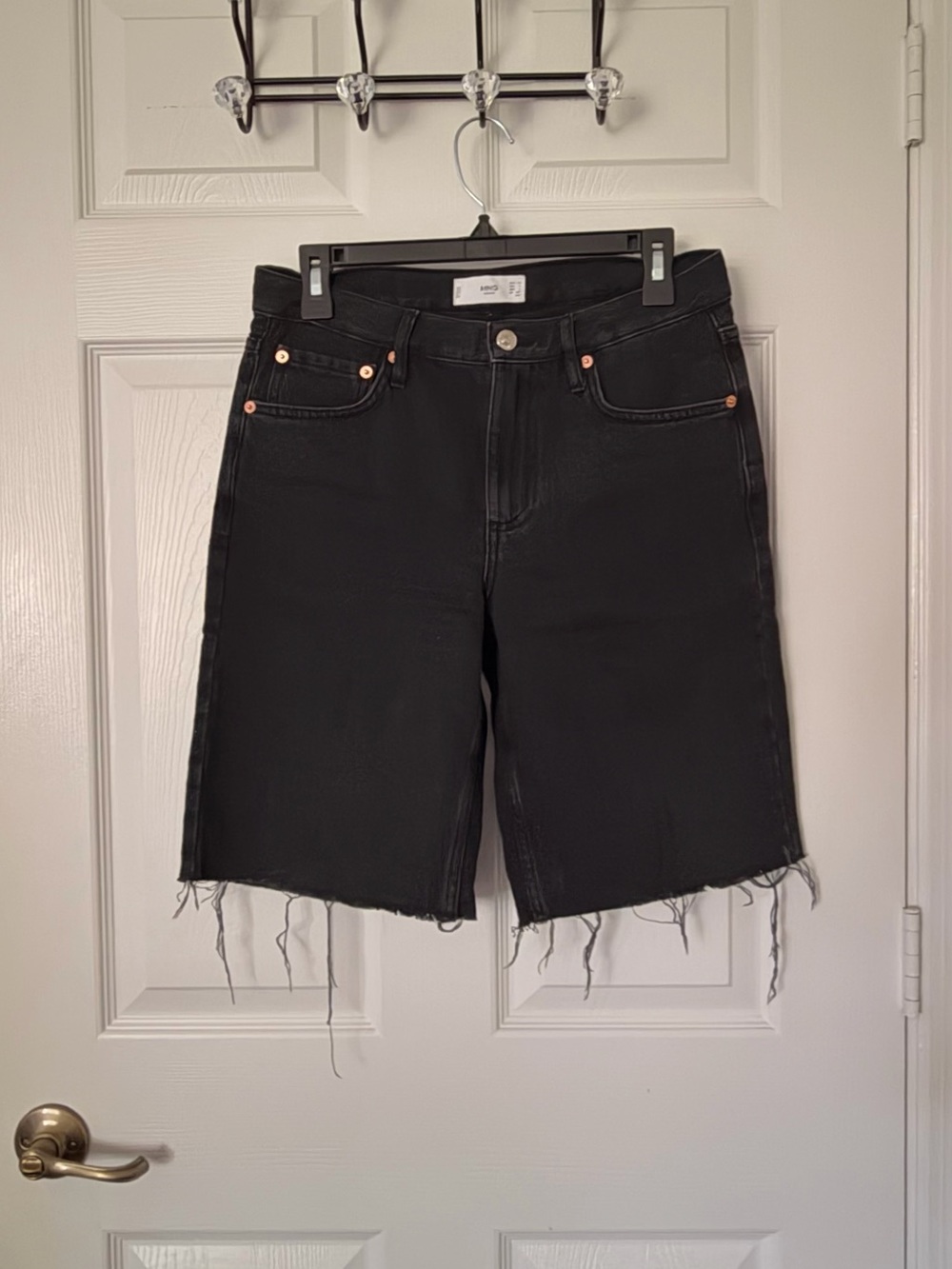 High-Rise Black Frayed Hem Denim Bermudas
